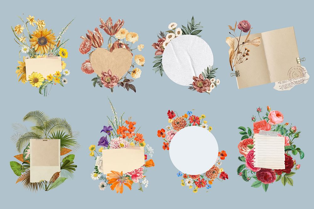 Note paper badge, aesthetic flower collage element set psd