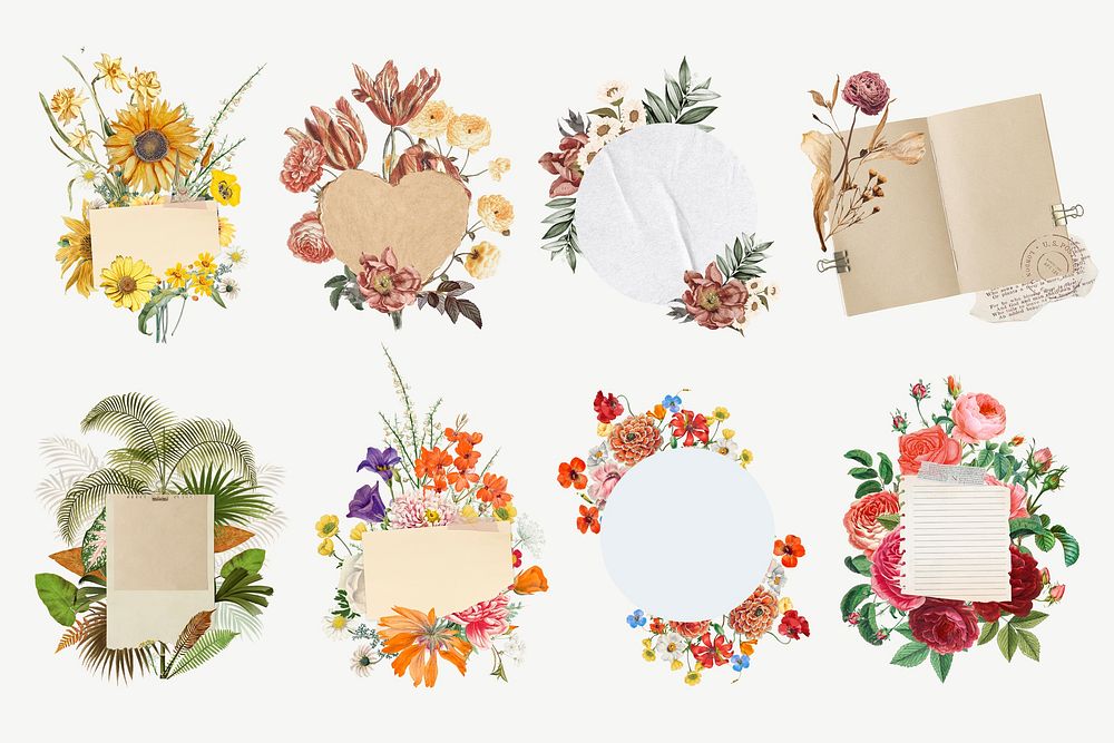 Note paper badge, aesthetic flower collage element set psd