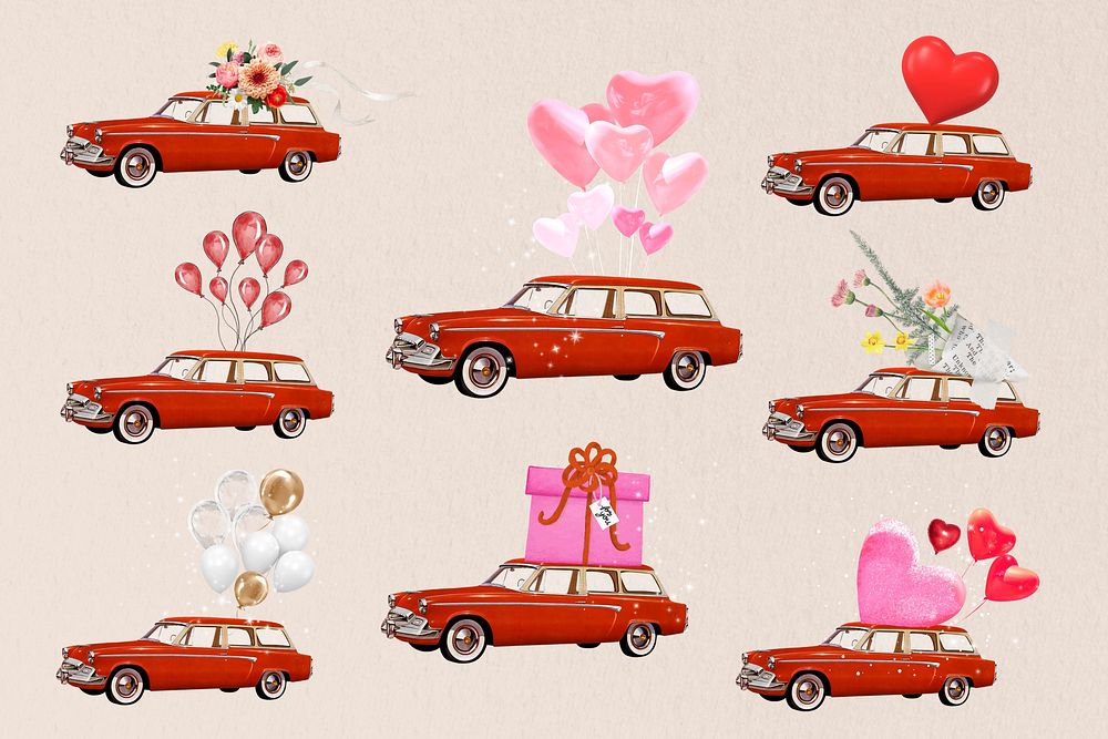 Valentine's celebration car, floating heart balloons collage art set psd
