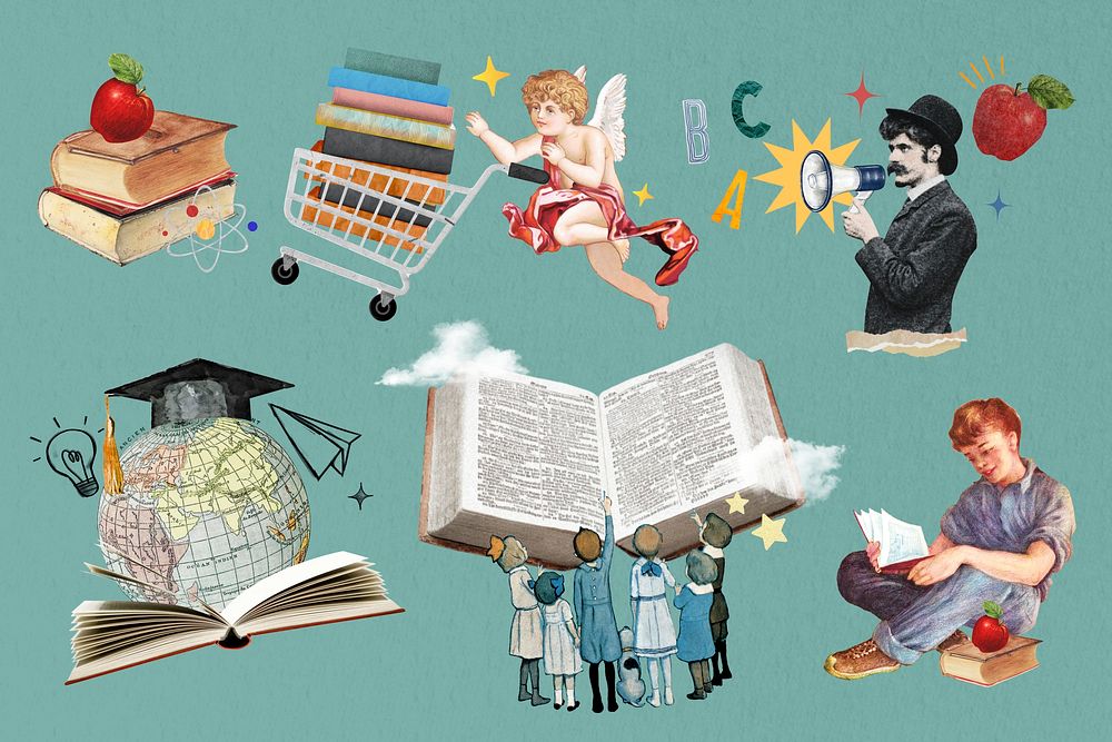 Vintage education collage element set psd. Remixed by rawpixel.
