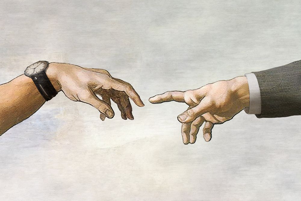 Manager and employee hand, vintage illustration inspired by the Creation of Adam, artwork of Michelangelo Buonarroti