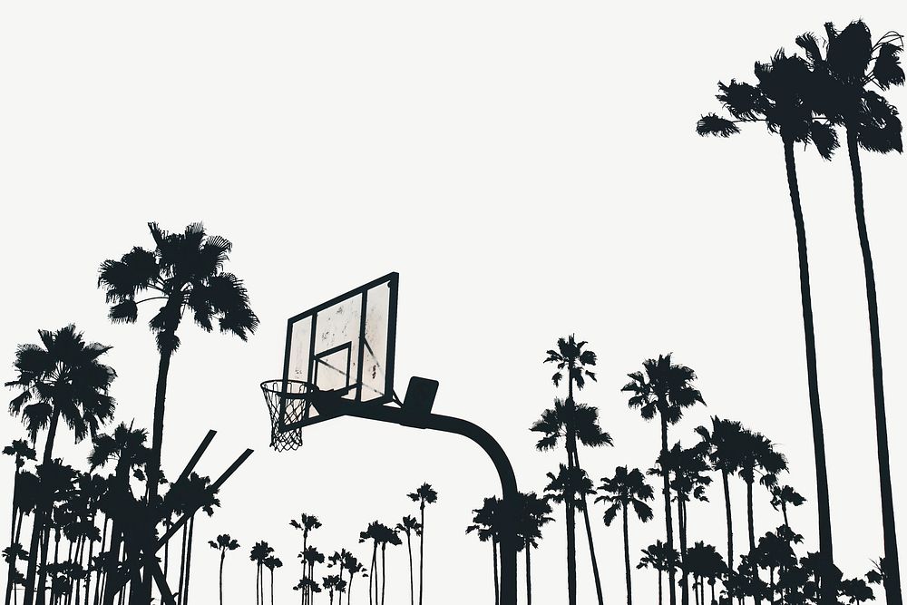 Silhouettes of a basketball court and numerous palm trees collage element psd
