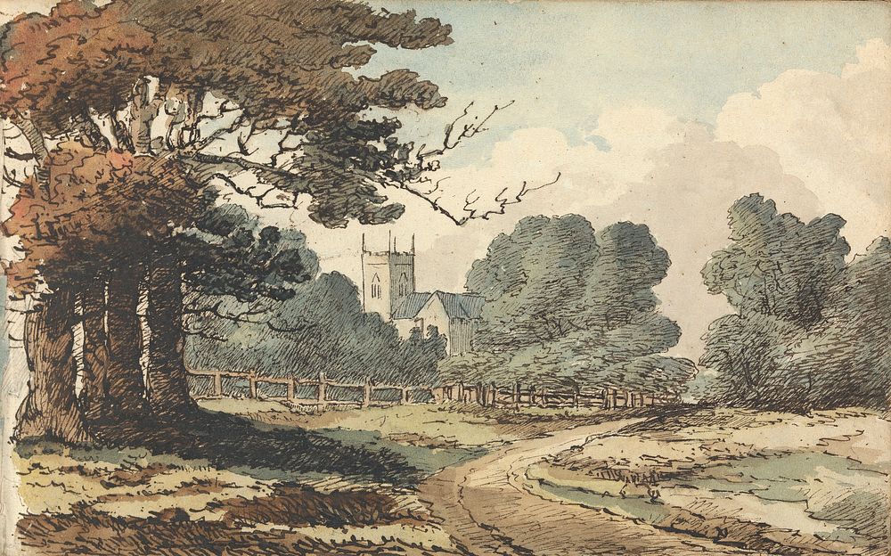 Album of Landscape and Figure Studies: Rural Scene with Church by Thomas Bradshaw