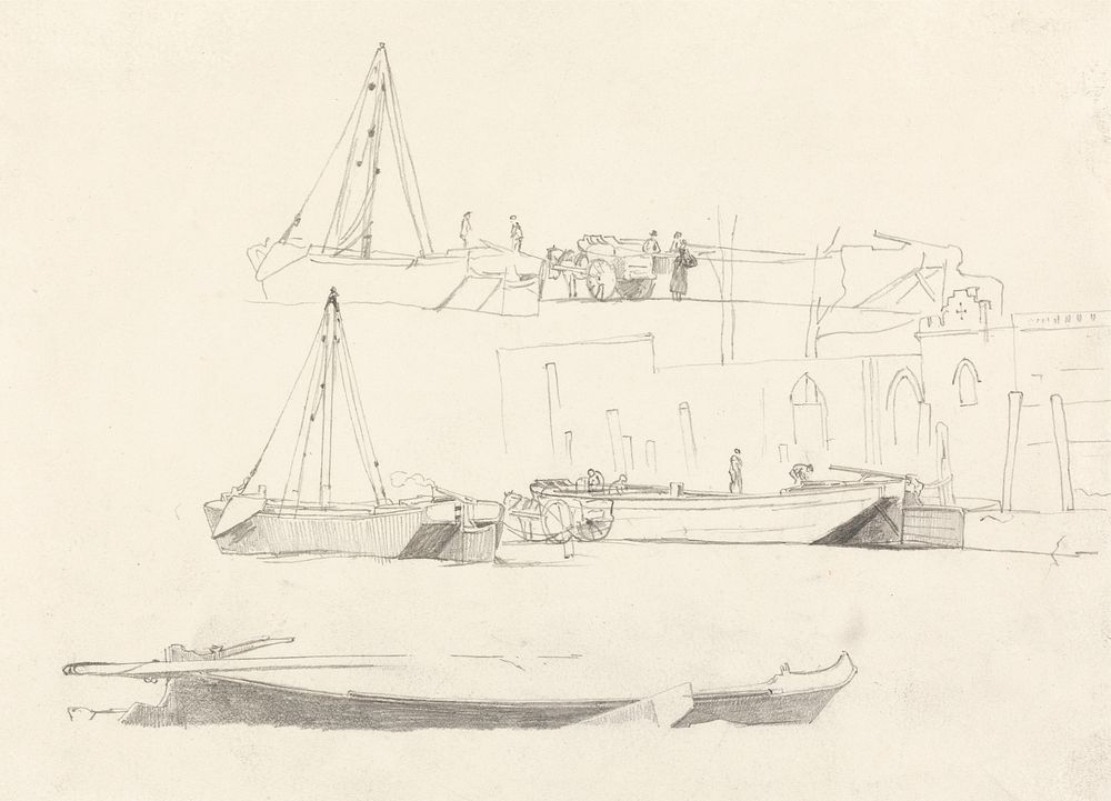 Studies of Boats, Figures, Carts, and Buildings