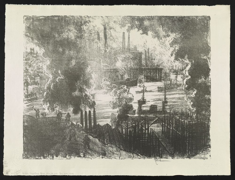 Munitions river (1916) print in high resolution by Joseph Pennell.