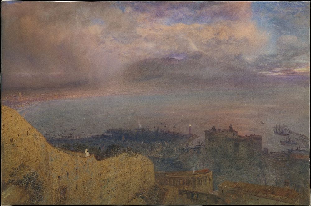 View of the Bay of Naples with Vesuvius, Smoking, in the Distance (Evening) 