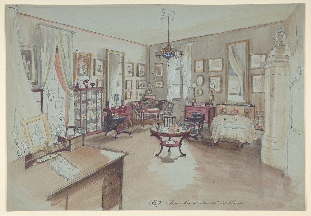 Drawing of an Interior: Chambre à coucher, Anonymous, French, 19th century