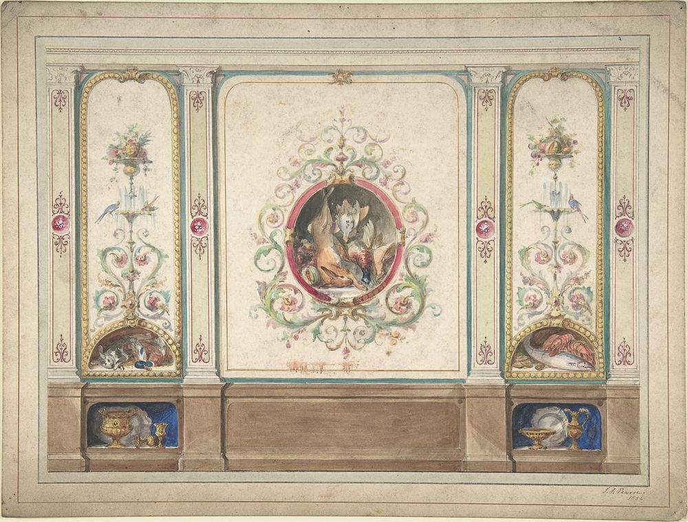 Design for Decorative Panels with Hunting Scenes Inset