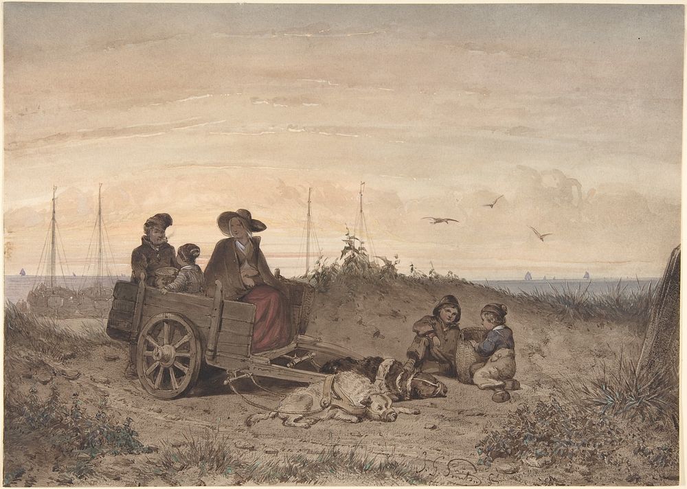 A Fisherman's Family at the Beach, the Mother and One of the Children Sitting in a Cart by Jan Gerard Smits