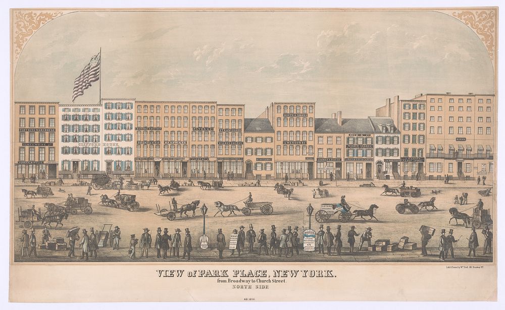View of Park Place, New York, from Broadway to Church Street, North Side, A.D. 1854, lithographed and printed by William…