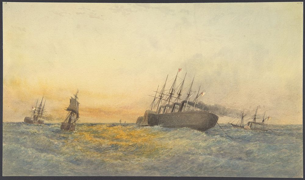 The Great Eastern Under Weigh, July 23rd, 1865: Escort and other Ships, H.M.S. Terrible, H.M.S. Sphinx, The Hawk and…