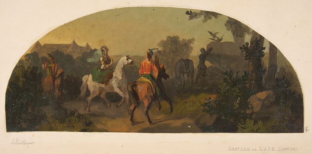 Mural design picturing riders in a landscape  for a lunette in the library of the Chateau de Lude (Sarthe) by Jules Lachaise…