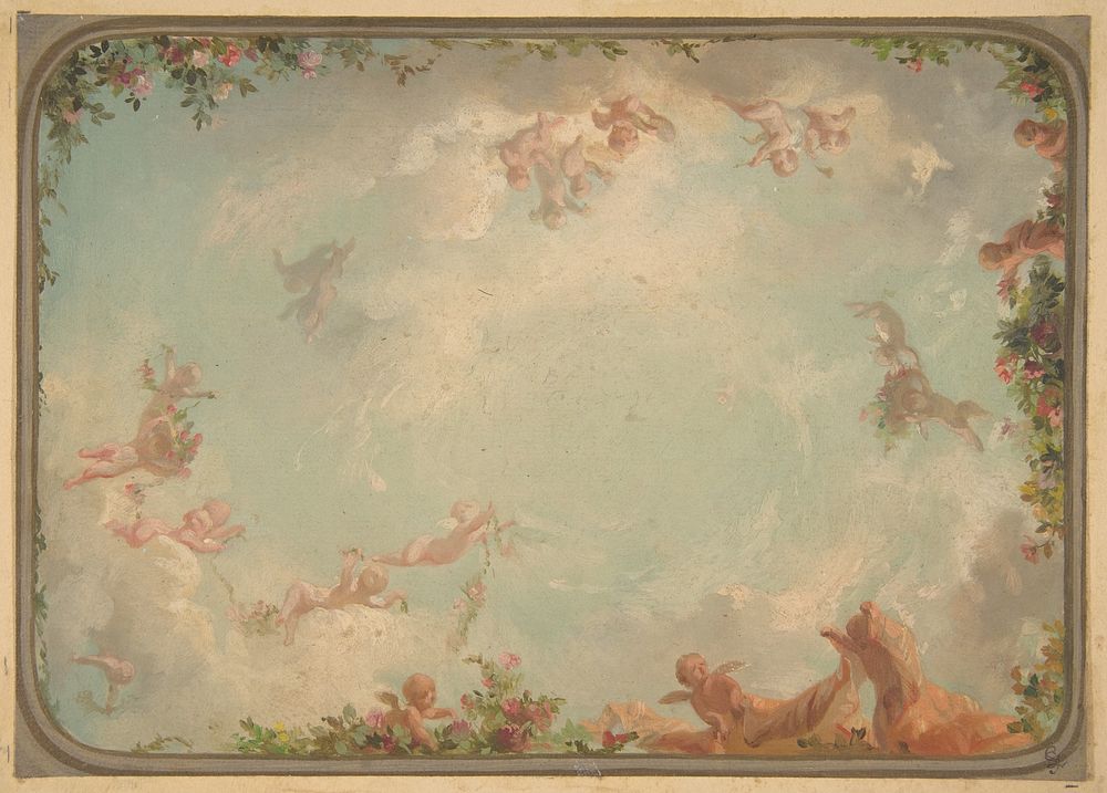 Design for a ceiling painted with putti in clouds with roses by Jules-Edmond-Charles Lachaise and Eugène-Pierre Gourdet