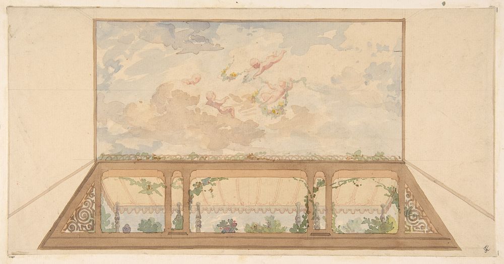 Design for a ceiling painted with a trompe l'oeil awning and putti in clouds by Jules-Edmond-Charles Lachaise and Eugène…