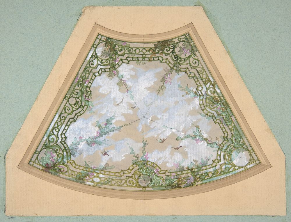 Design for one section of a ceiling painted in trompe l'oeil iron work with flowering vines and birds by Jules-Edmond…
