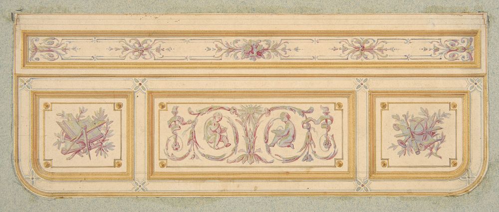 Design for a ceiling with two putti and symbols for the arts by Jules Edmond Charles Lachaise and Eugène Pierre Gourdet