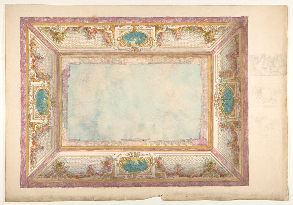 Design for a ceiling with trompe l'oeil balustrade and putti by Jules Edmond Charles Lachaise and Eugène Pierre Gourdet