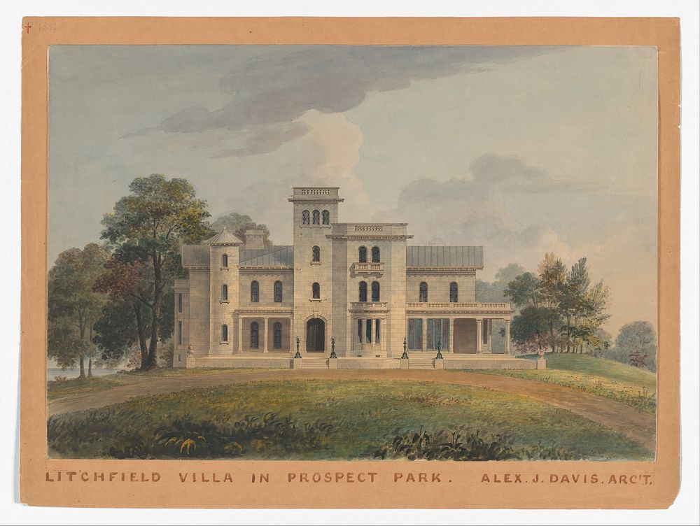 Grace Hill for Edwin C. Litchfield, Brooklyn, New York (front elevation) by Alexander Jackson Davis