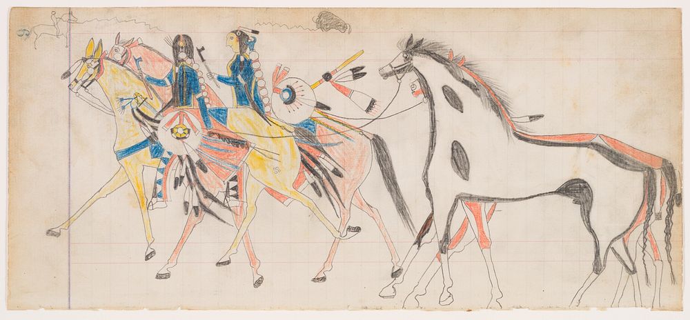 Two Riders Leading Horses (Henderson Ledger Artist B) by Frank Henderson