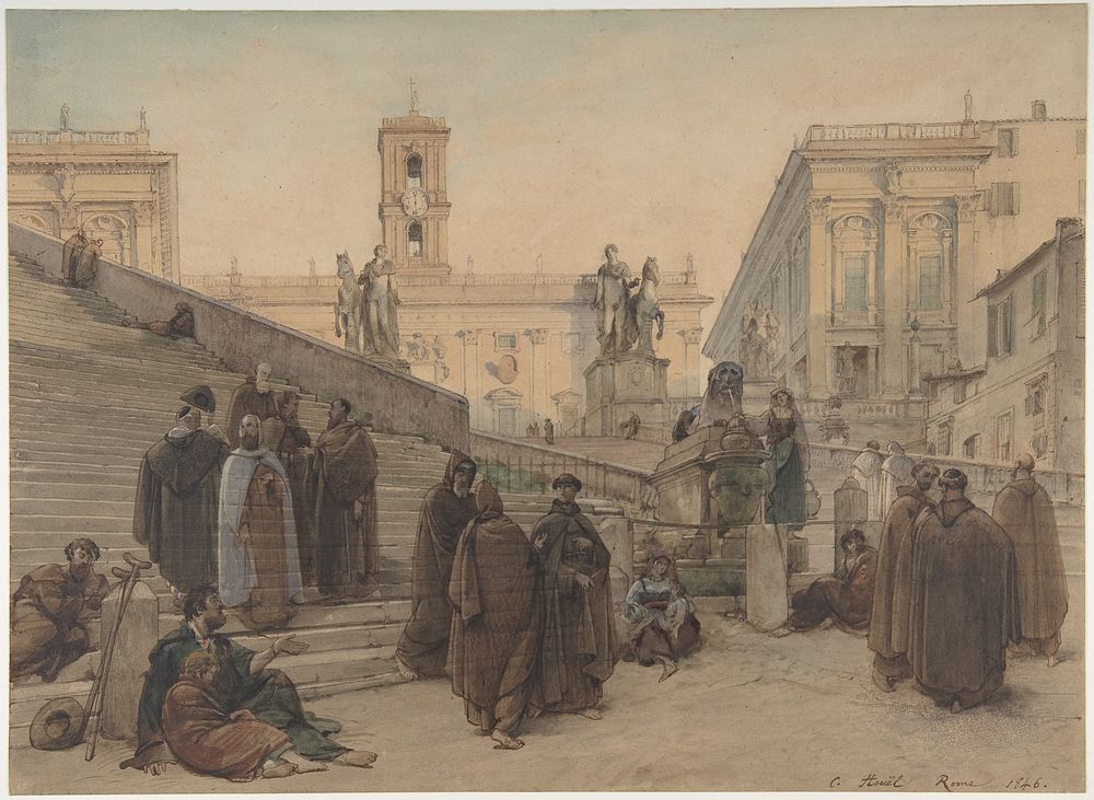The Campidoglio seen from the Staircase of the Church of the Aracoeli, Rome, at Sunset by Charles-Fran&ccedil;ois Houel