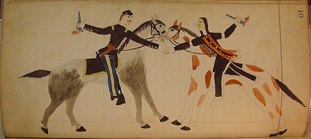 Maffet Ledger: Mounted Soldier and Indian Shaking Hands, Southern and Northern Cheyenne