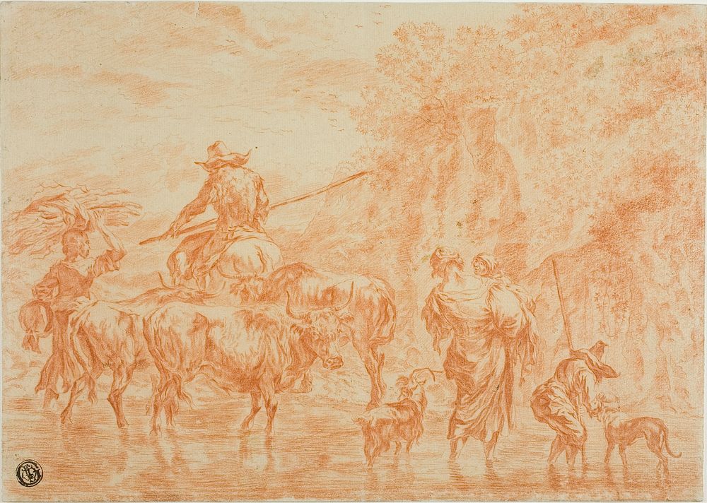 Peasants and Cattle Crossing Ford by Nicolaes Berchem