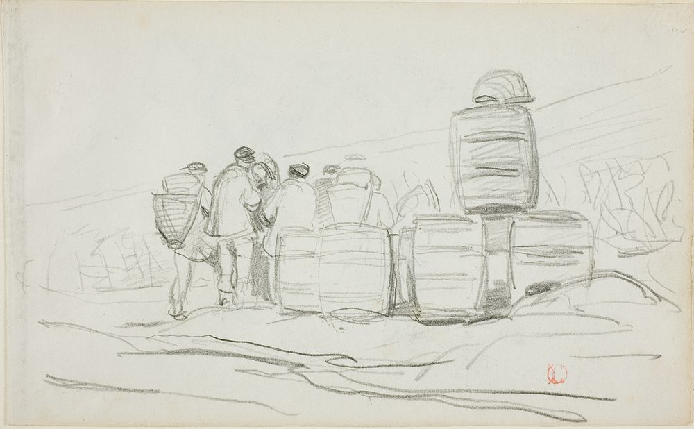 Study of a Group of People with Barrels (recto); Two Studies of a woman Gleaning (verso) by Charles François Daubigny