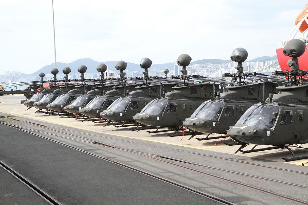 U.S. Army OH-58D Kiowa Warrior helicopters assigned to the 6th Cavalry Regiment are parked at Busan, South Korea, Oct. 10…