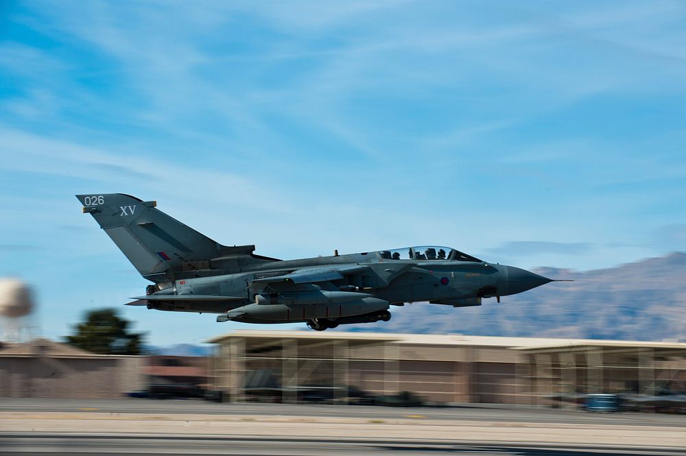 A British Royal Air Force Tornado GR4 aircraft attached to the No. 9 Squadron takes off during Red Flag 14-1 at Nellis Air…