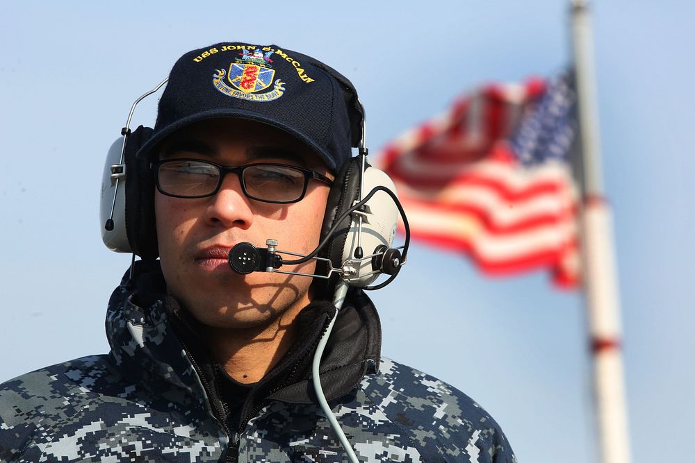U.S. Navy Interior Communications Technician Seaman Eduardo Trocherivera, assigned to the Arleigh Burke-class guided-missile…