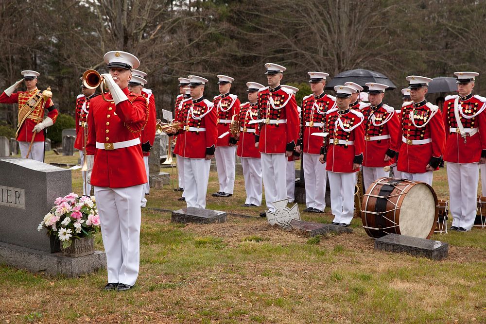 U.S. Marines with the Marine Corps Drum and Bugle Corps perform at a funeral service for retired Gen. Carl E. Mundy Jr., the…