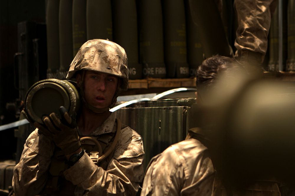 U.S. Marine Corps Lance Cpl. Christopher Hess, a field artillery fire controlman with Charlie Battery, 1st Battalion, 12th…