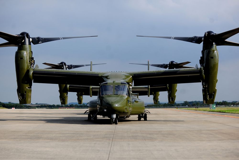 U.S. Marine Corps MV-22 Osprey tiltrotor aircraft cycle through preflight checks in preparation for the arrival of President…