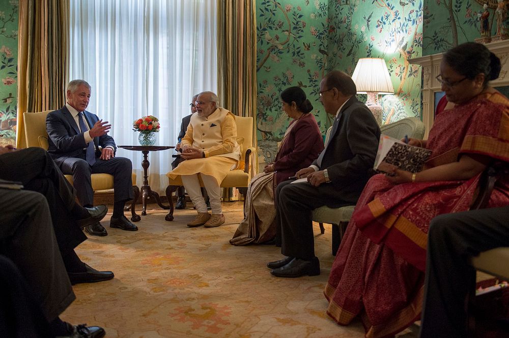 Secretary of Defense Chuck Hagel, left, meets with Narendra Modi, center left, the prime minister of India, at the Blair…