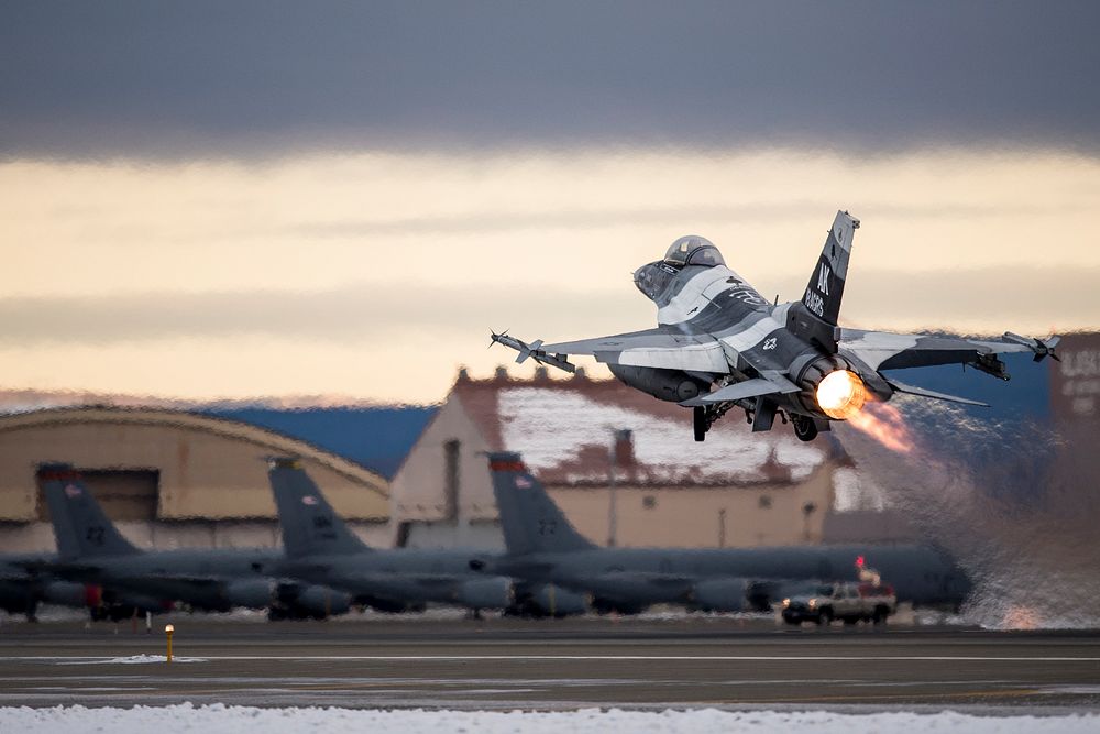 A U.S. Air Force F-16 Fighting Falcon aircraft assigned to the 18th Aggressor Squadron takes off for a sortie at Eielson Air…