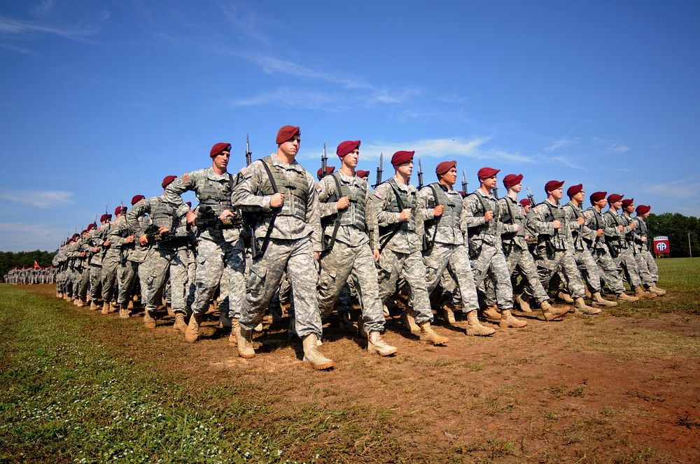 U.S. Army paratroopers assigned to the 82nd Airborne Division march across Pike Field during the change of command ceremony…