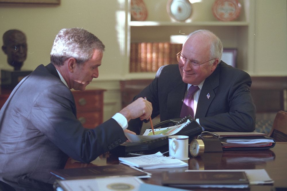 President Bush and Vice President Cheney in the Oval Office. Original public domain image from Flickr