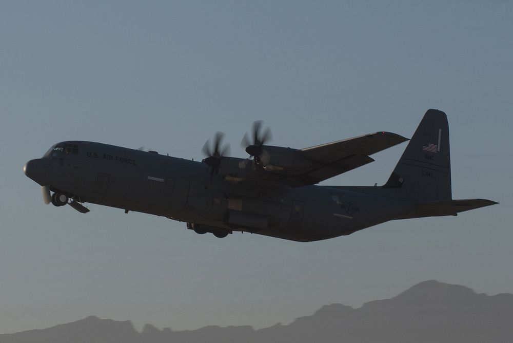 A U.S. Air Force C-130J Super Hercules aircraft assigned to the 774th Expeditionary Airlift Squadron takes off from Bagram…