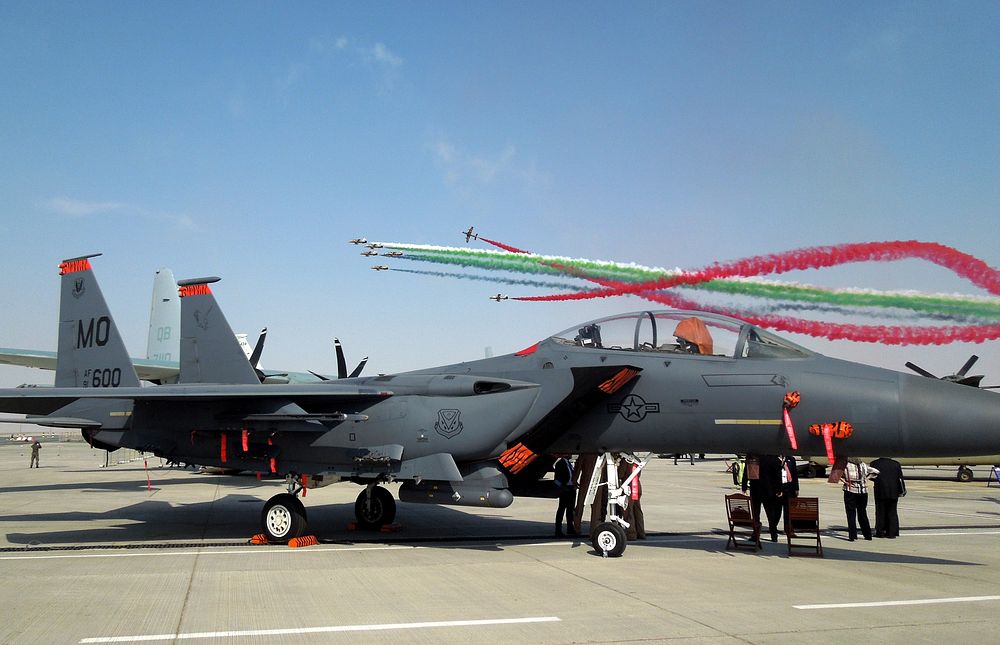 The “Al Fursan” (The Knights), the United Arab Emirates Air Force aerobatic display team, flies in formation behind a U.S.…