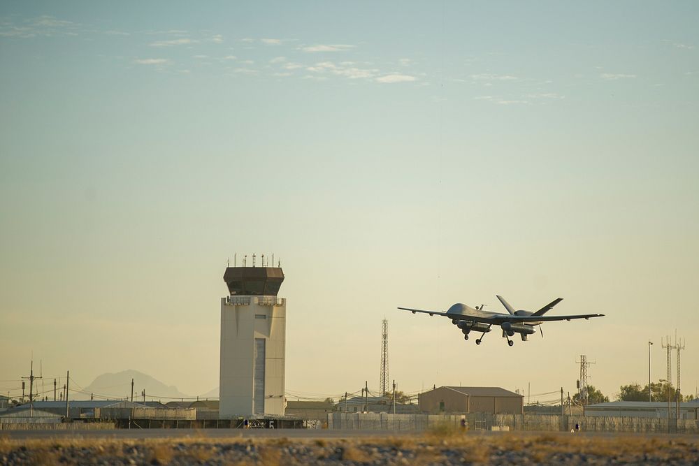 An MQ-9 Reaper equipped with Gorgon Stare from the 62nd Expeditionary Reconnaissance Squadron takes off at Kandahar…