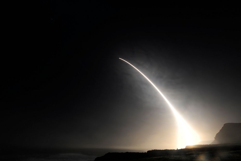 An unarmed Minuteman III intercontinental ballistic missile launches during an operational test at 11:34 p.m., Feb. 20…