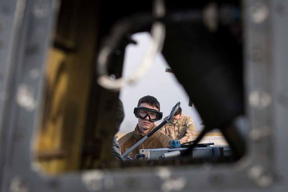 U.S. Air Force Senior Airman Nicholas Dacyk, a hydraulics systems apprentice assigned to the 723d Aircraft Maintenance…