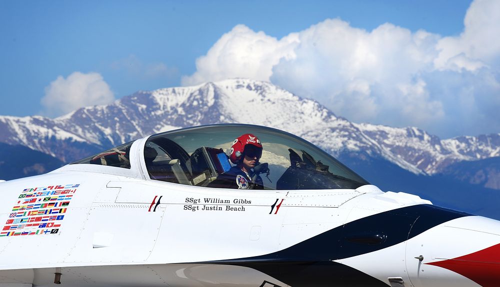 U.S. Air Force Capt. Nicholas Eberling, the lead solo pilot of the Thunderbirds, lands at Peterson Air Force Base, Colo.…