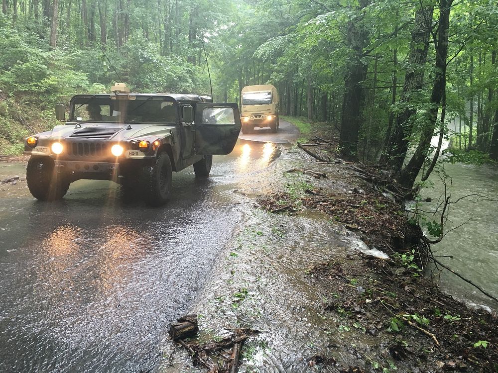 Virginia National Guard Soldiers assigned to the Staunton-based 116th Infantry Brigade Combat Team conduct damage…
