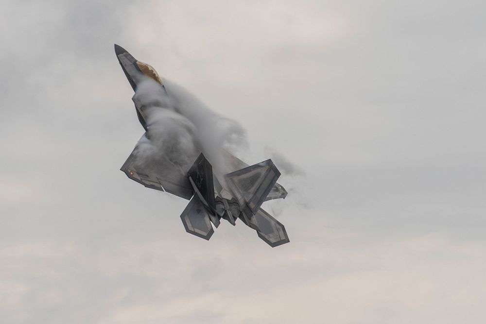 A U.S. Air Force F-22 Raptor with the Air Combat Command F-22 Demonstration Team, flies over the flightline Sept. 6, 2018…