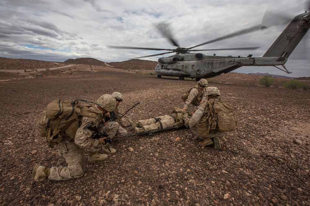 U.S. Marines with 2nd Battalion, 3rd Marine Regiment, 3rd Marine Division prepare to medically evacuate a simulated casualty…