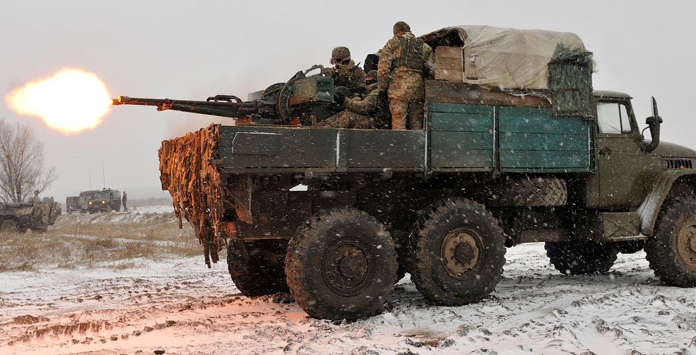 Ukrainian Soldiers assigned to 1st Battalion, 80th Airmobile Brigade fire a ZU-23-2 towed antiaircraft weapon before…
