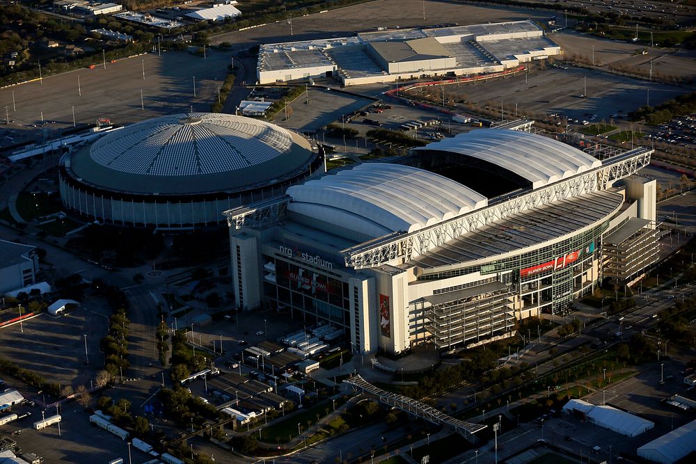 NRG Stadium is visible during the flyover of a U.S. Customs and Border Protection AS350 A-Star helicopter as it makes a…