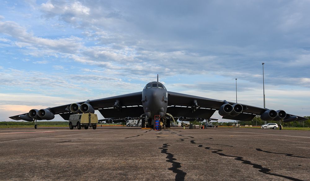 A U.S. Air Force B-52H Stratofortress bomber assigned to the 96th Expeditionary Bomb Squadron, deployed from Barksdale Air…