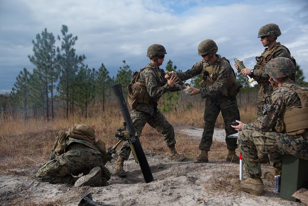 Marines with Weapons Company, 2nd Battalion, 6th Marine Regiment pass over M821A2 High Explosive mortar rounds moments…